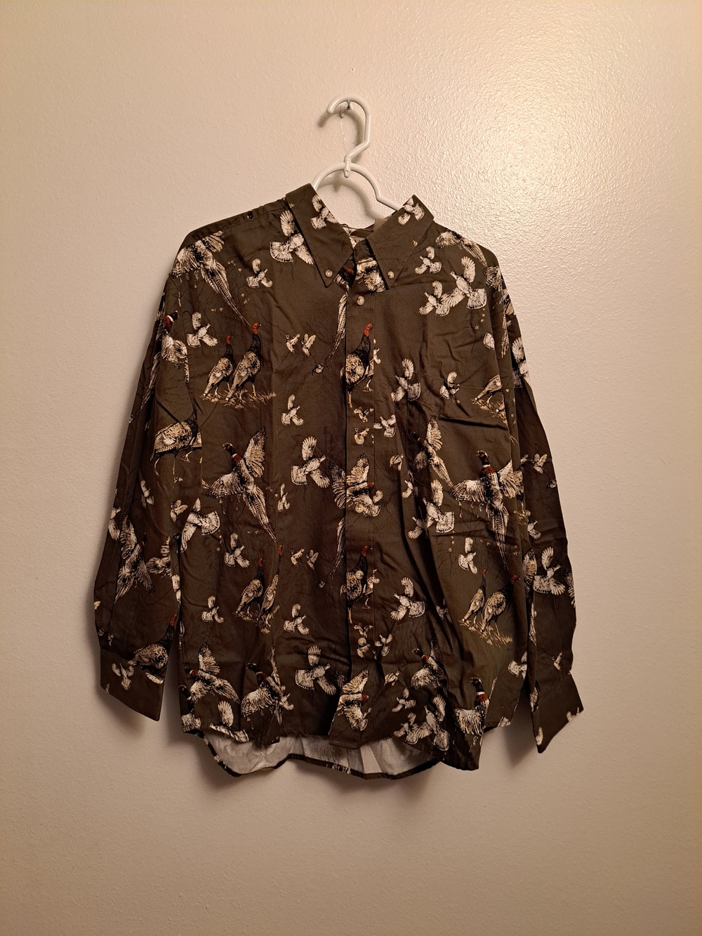 Vintage Men's Olive Green Pheasant Bird Print Wrinkle Free Button-Down Shirt